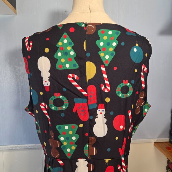2XL Black Sleeveless Midi Holiday Christmas Tree Snowmen Print Dress - Picture 7 of 11